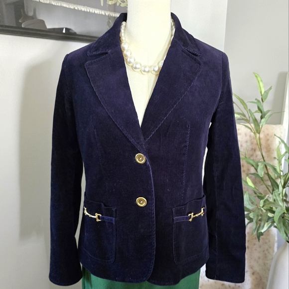 Talbots Navy Blue Stretch Corduroy Blazer with gold accents Size 6 petite - Picture 1 of 5